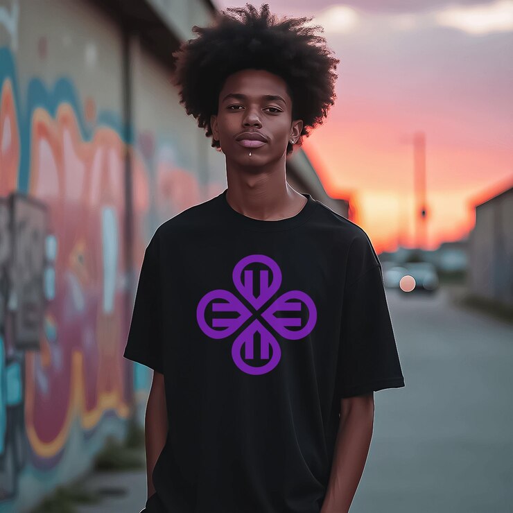 Adolescente elegante en camiseta negra con emblema púrpura en un entorno urbano