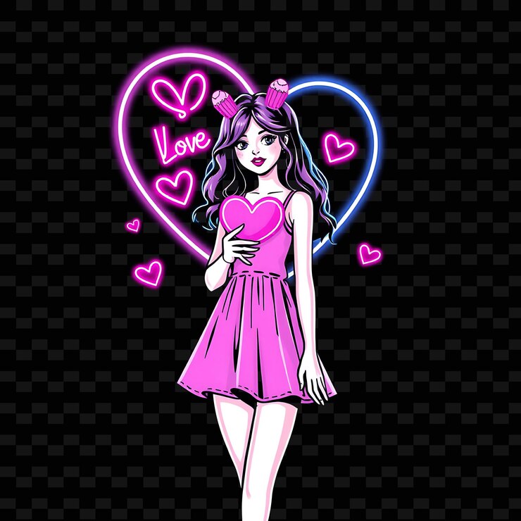 PSD adolescente em sundress neon heart art design com pastel pink e b ilustração neon characterl