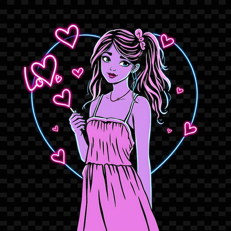 PSD adolescente em sundress neon heart art design com pastel pink e b ilustração neon characterl