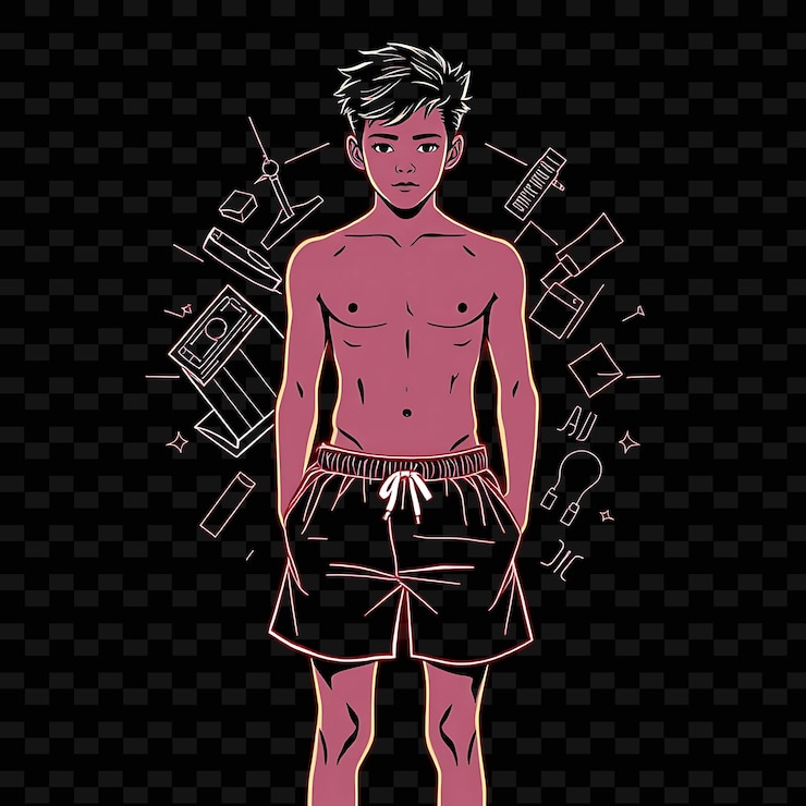 PSD adolescente magro em calções de banho neon dark academia design de arte com temas de cores neutras decorados com