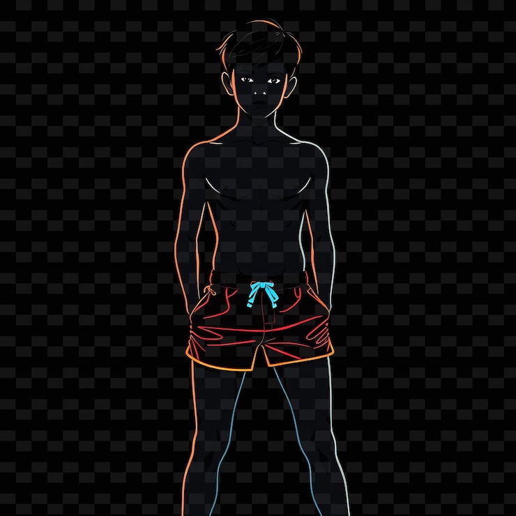 PSD adolescente magro em calções de banho neon dark academia design de arte com temas de cores neutras decorados com