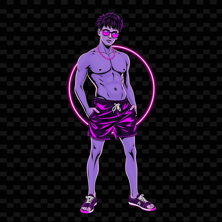 PSD adolescente magro em calções de banho neon vaporwave design de arte com neon púrpura e rosa tema decorado w