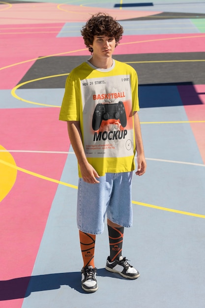 Adolescente con maqueta de clouting de baloncesto