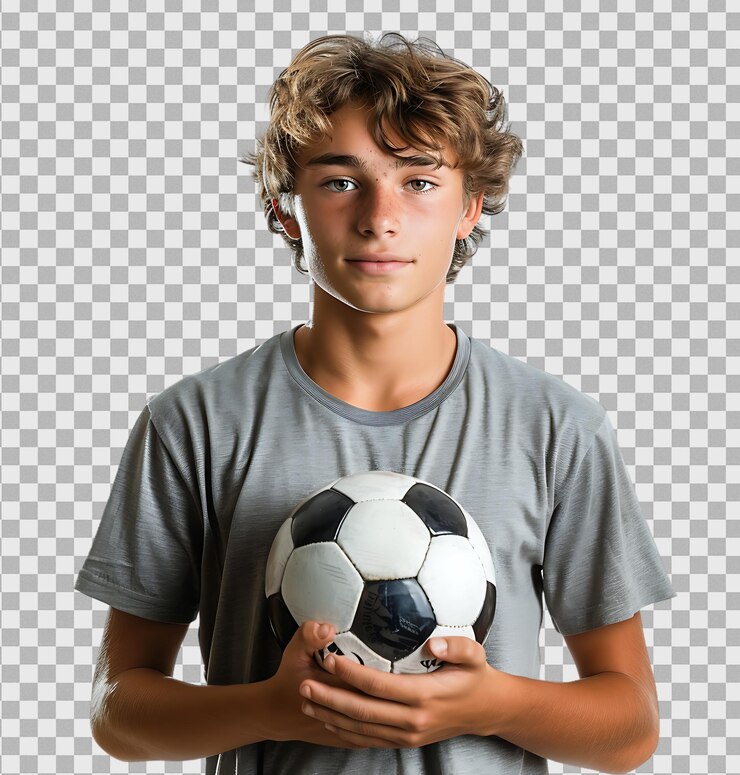 PSD adolescente masculino segurando uma bola de futebol em um fundo transparente