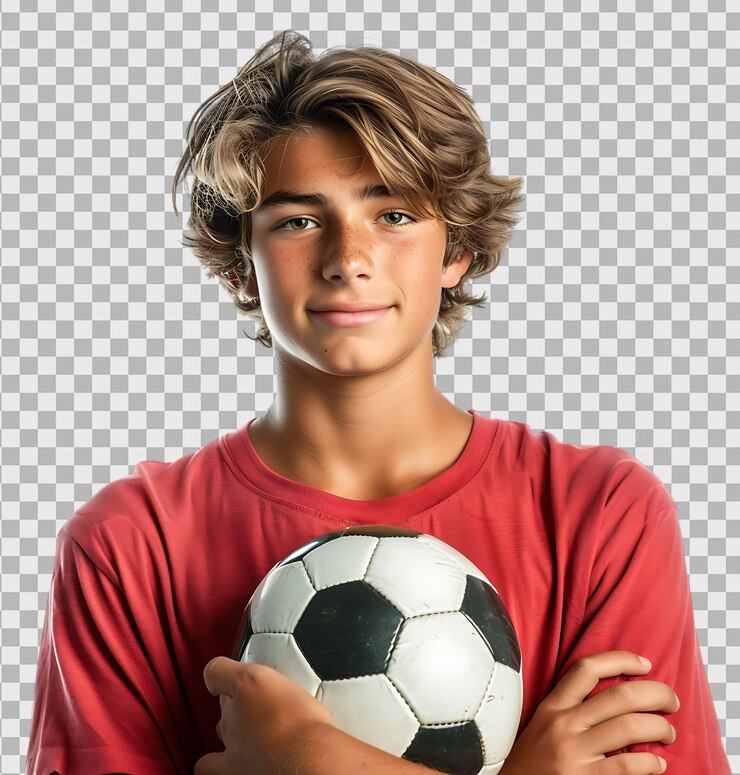 PSD adolescente masculino segurando uma bola de futebol em um fundo transparente