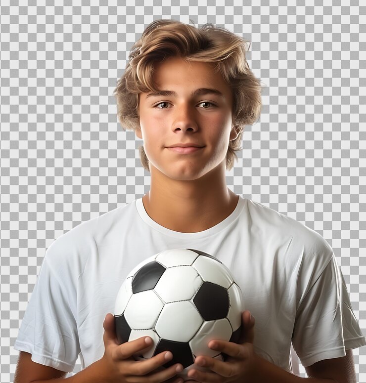 PSD adolescente masculino segurando uma bola de futebol em um fundo transparente