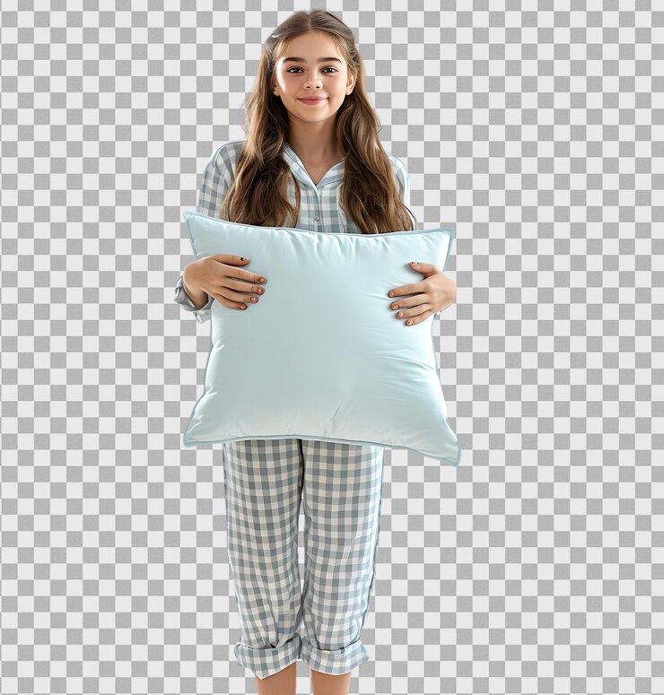 PSD adolescente en pijama sosteniendo una almohada en un fondo transparente aislado