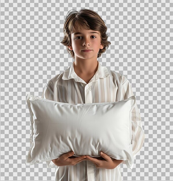 Adolescente en pijama sosteniendo una almohada en un fondo transparente aislado