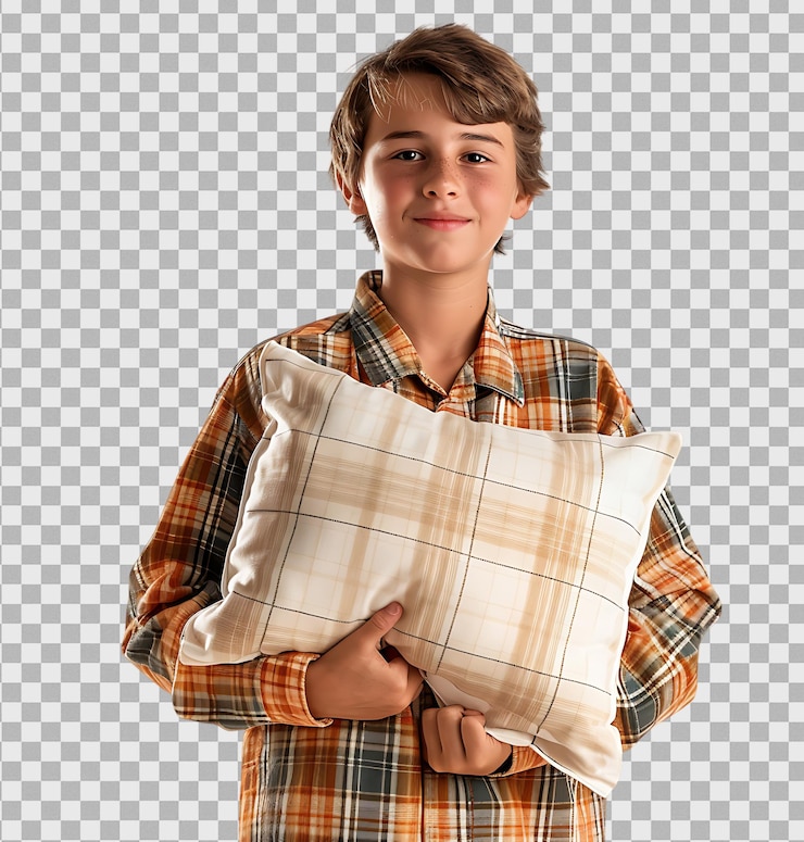 PSD adolescente en pijama sosteniendo una almohada en un fondo transparente aislado