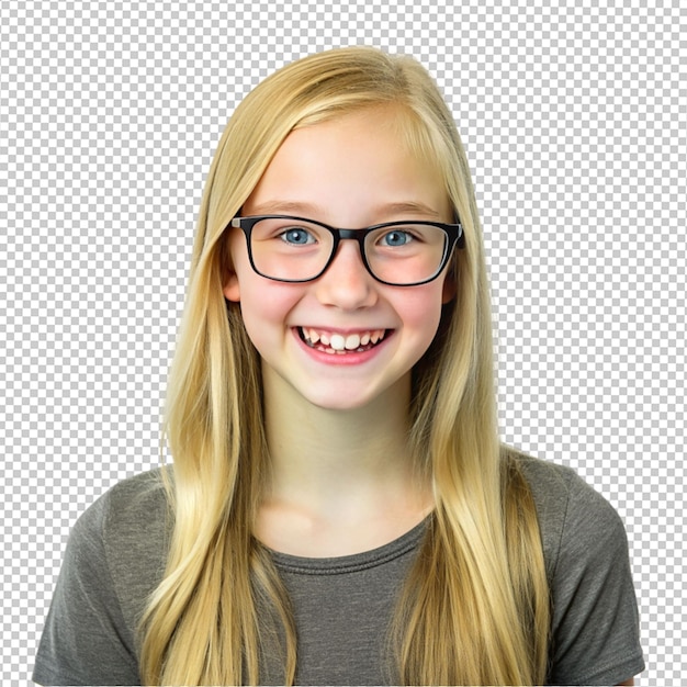 Una adolescente rubia feliz con gafas en un fondo transparente