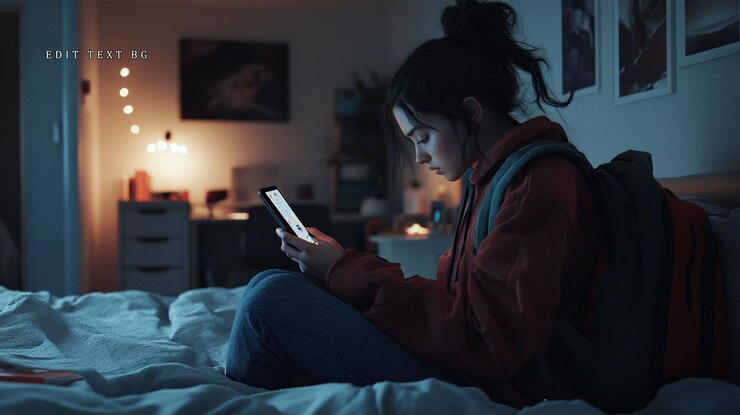 PSD una adolescente se sienta en la cama por la noche usando su teléfono inteligente