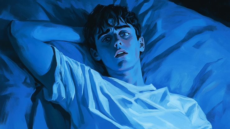 PSD adolescente tendido en la cama iluminado por la luz azul con una expresión de angustia