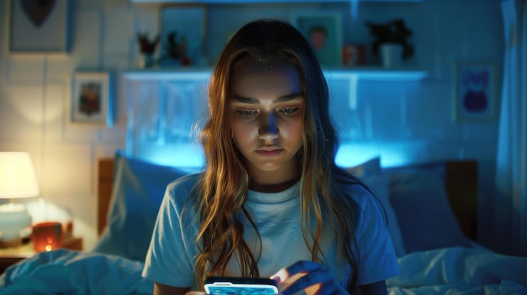 PSD adolescente usando su teléfono inteligente en la cama por la noche iluminada por luz azul