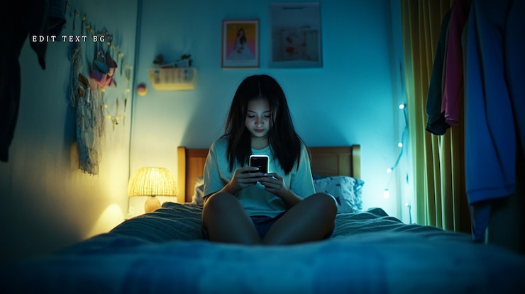 PSD una adolescente usando el teléfono en un dormitorio con poca luz por la noche