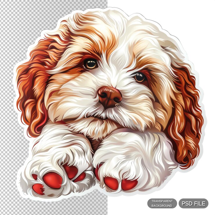 PSD adorabile adesivo animale di un cucciolo peloso con le zampe rosse perfetto per scrapbooking riviste e progetti di artigianato