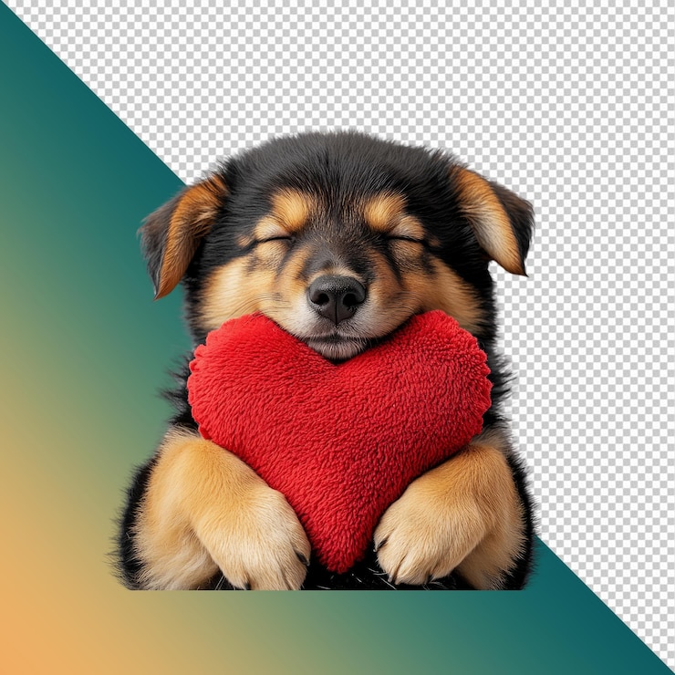 PSD adorabile cucciolo che dorme con un giocattolo a forma di cuore