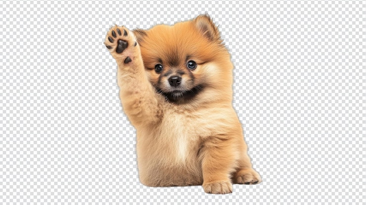 PSD adorabile cucciolo di pomerania peloso che alza la zampa in un gesto giocoso su uno sfondo neutrale