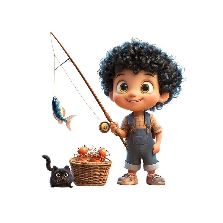 PSD adorabile ragazzo dei cartoni animati che pesca con gatto e granchi