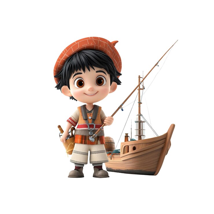 PSD adorabile rendering 3d di un giovane pescatore con la sua barca
