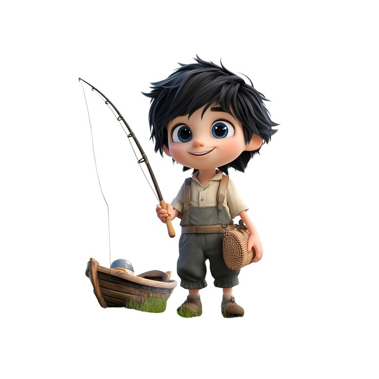 PSD adorabile rendering 3d di un ragazzino pescatore con una canna da pesca e una barca