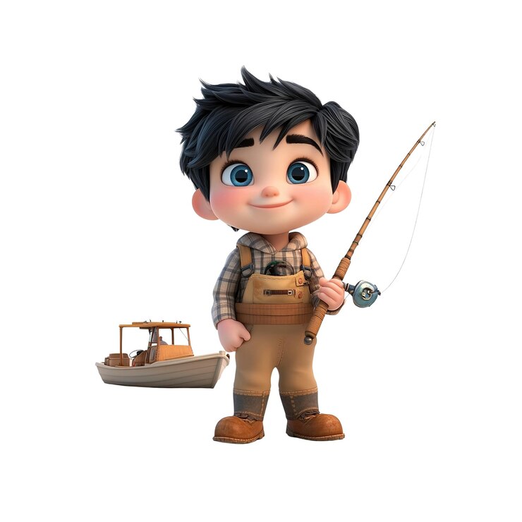 PSD adorabile rendering 3d di un ragazzino pronto per l'avventura di pesca