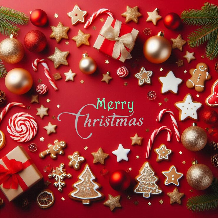 Adorabili ornamenti di Natale disposti su uno sfondo rosso