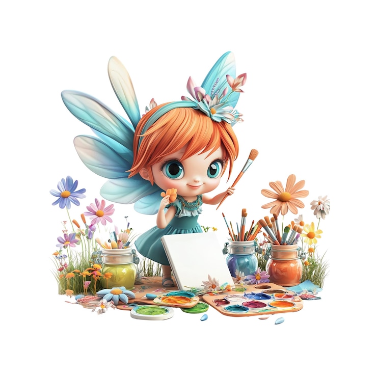 PSD adorable artista de hadas pintando en un jardín de flores