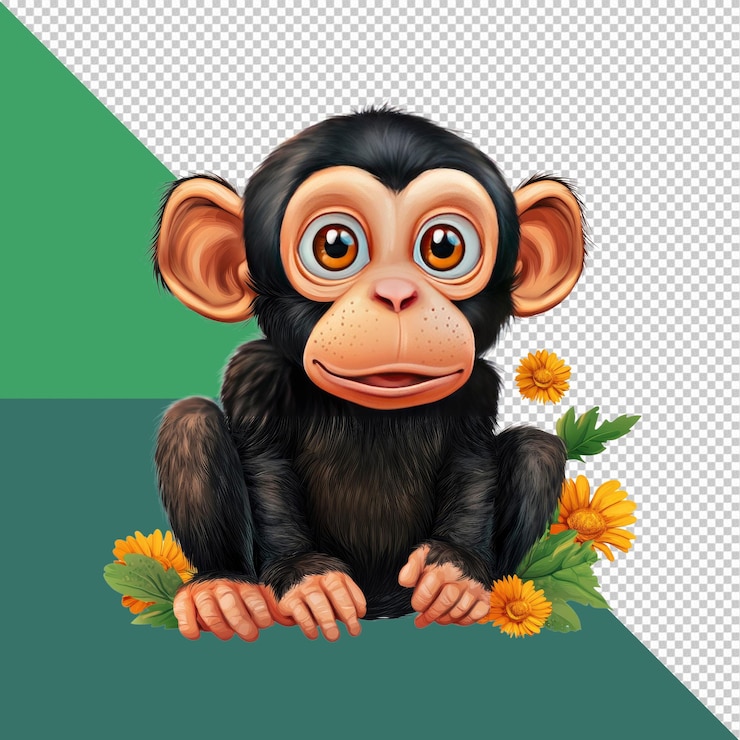 PSD adorable bebé chimpancé con flores