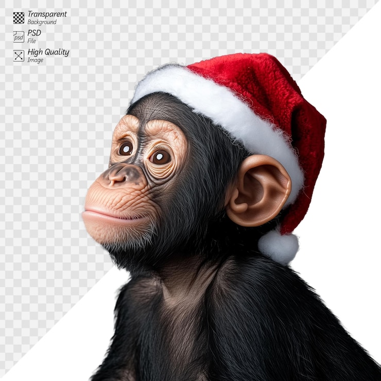 PSD adorable bebé chimpancé con un sombrero de papá noel festivo que parece curioso