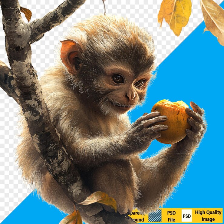 PSD adorable bebé mono comiendo fruta