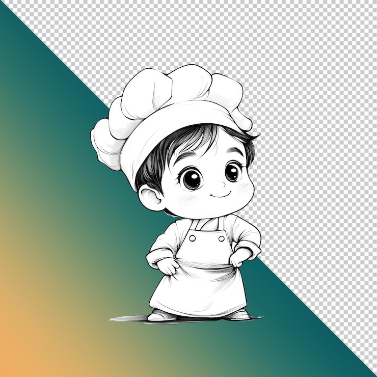 PSD adorable cartoon chef boy illustration black and white line art