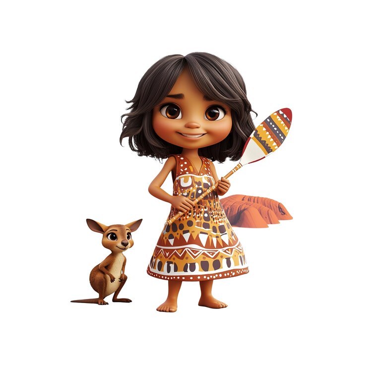 PSD la adorable chica aborigen con joey y paddle 3d render