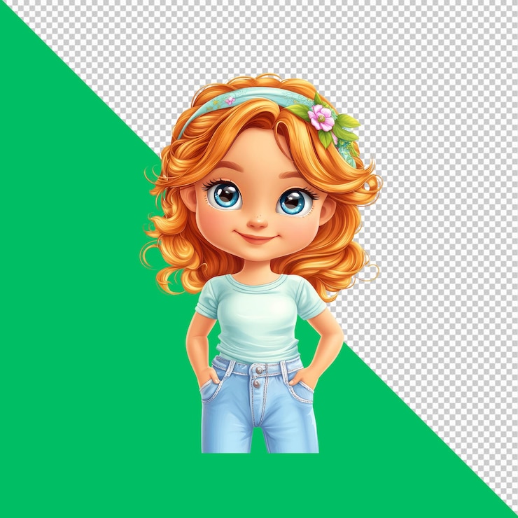 PSD la adorable chica de dibujos animados con el cabello rubio rizado y los vaqueros azules