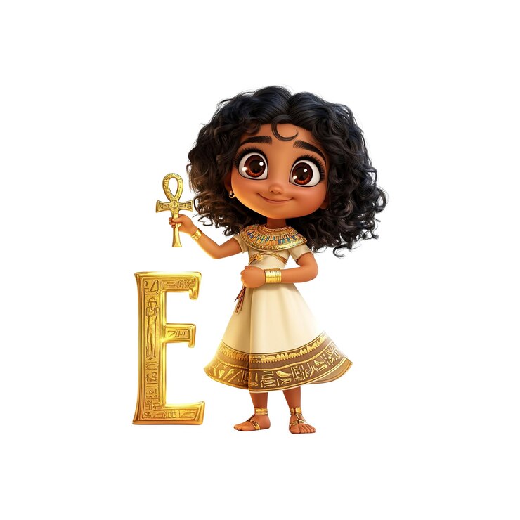 PSD adorable chica de dibujos animados con traje egipcio sosteniendo ankh y la letra e