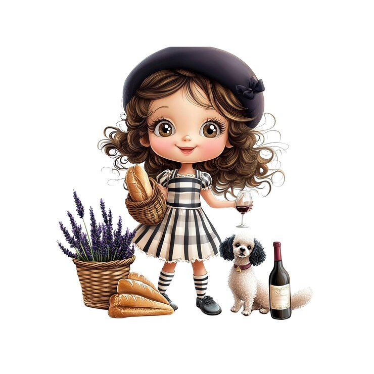 PSD adorable chica francesa con pan, vino de lavanda y un caniche.