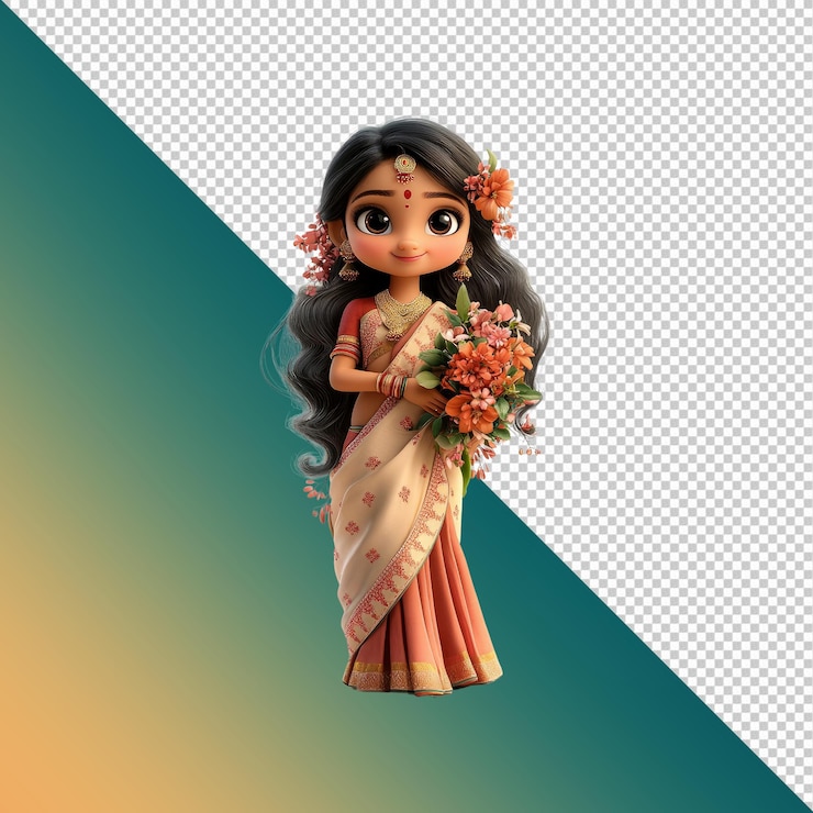 PSD adorable chica india animada en un sari tradicional con flores