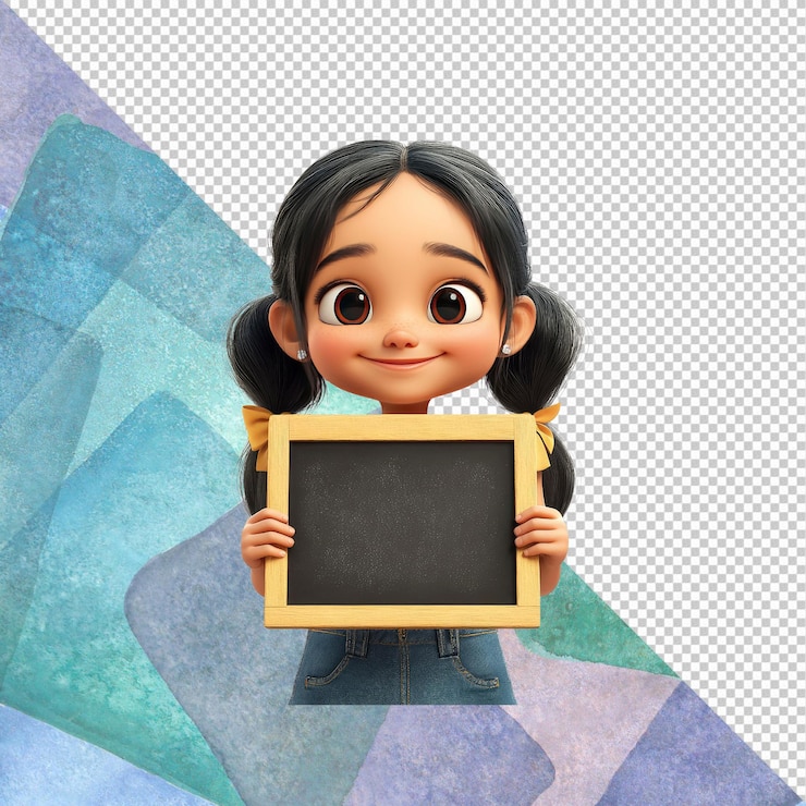 PSD adorable chica renderizada en 3d con una pizarra en blanco