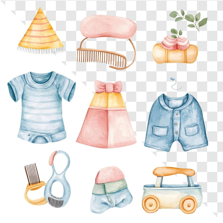 PSD adorable colección de acuarelas para la ducha de bebé colores pastel y artículos lindos