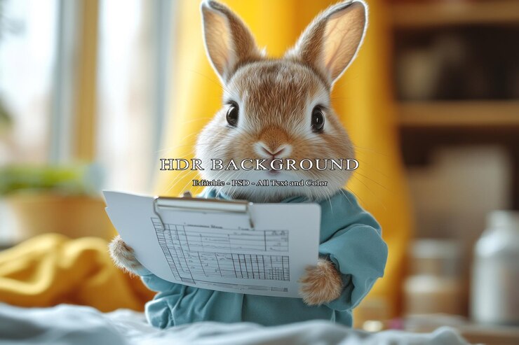 PSD adorable conejo contable un amigo esponjoso revisando documentos