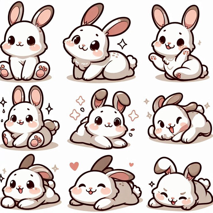 PSD el adorable conejo de dibujos animados con expresiones alegres saltando sentado y acostado en poses lindas