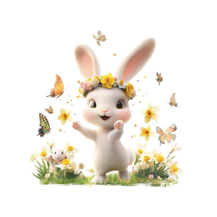 PSD el adorable conejo de pascua en corona de flores con mariposas y narcisos