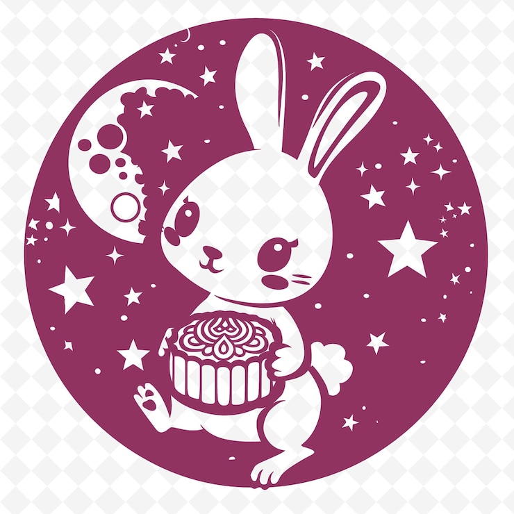 PSD adorable conejo pastel de luna con diseño de chibi conejo pequeño sosteniendo diseños de iconos lunares inspirados en png