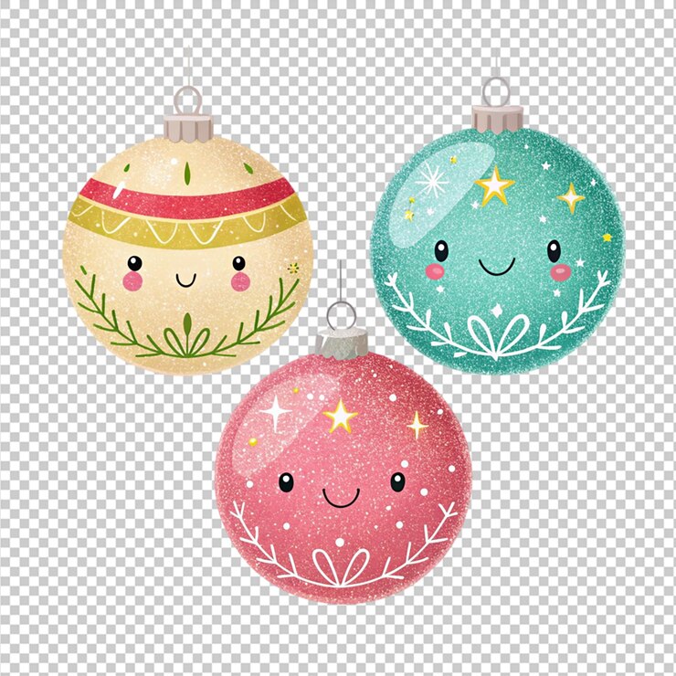 PSD adorable conjunto de adornos navideños de estilo kawaii brillantes bolas felices vacaciones de invierno festivas