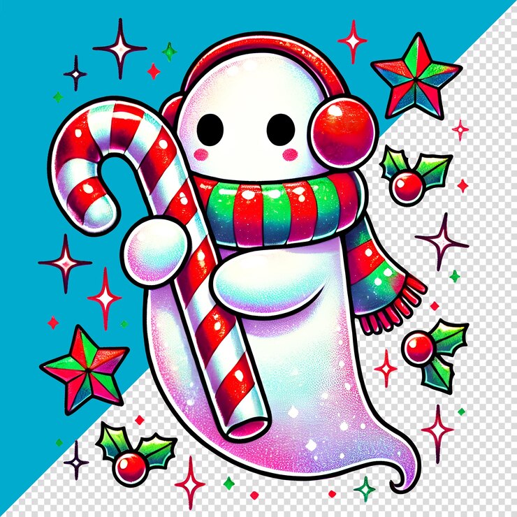PSD adorable fantasma de navidad con caña de caramelo con orejeras y bufanda con estrellas festivas transparentes