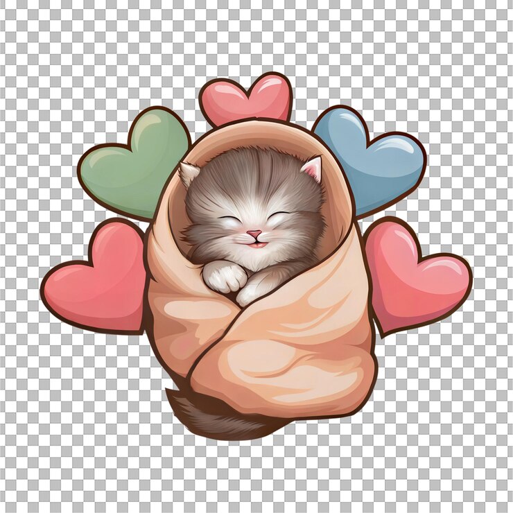 PSD adorable gatito durmiente envuelto en una manta con decoraciones de corazones en un fondo transparente