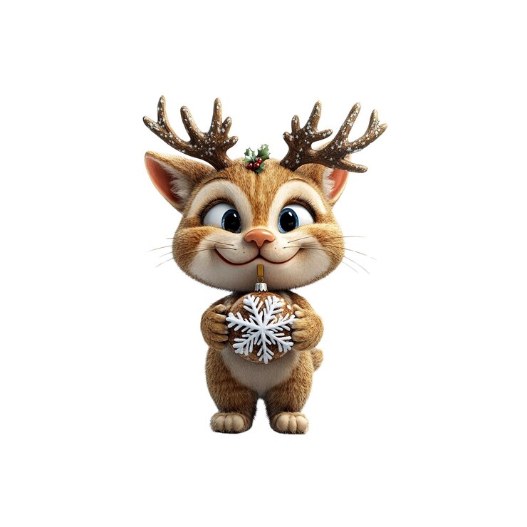 PSD un adorable gato con cuernos de reno sostiene un ornamento navideño