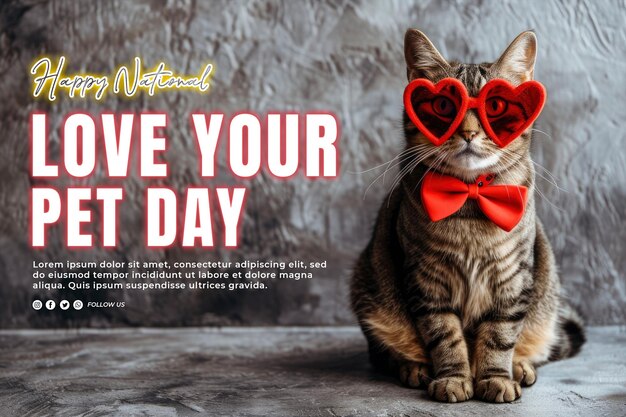 PSD adorable gato lindo con gafas rojas en forma de corazón concepto de día de mascotas