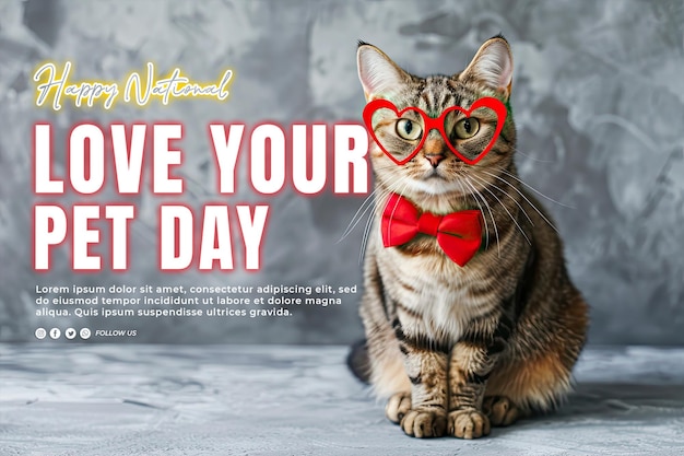 PSD adorable gato lindo con gafas rojas en forma de corazón concepto de día de mascotas