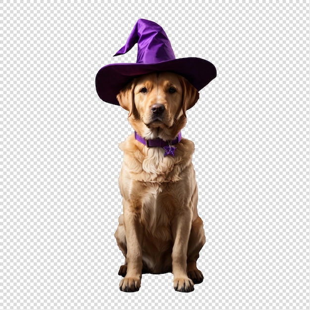 PSD adorable golden retriever hechicero vestido para la noche de halloween sobre un fondo transparente