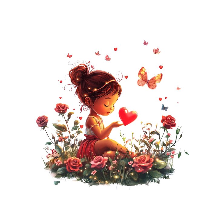 PSD adorable niña con un corazón en un jardín de rosas mágico